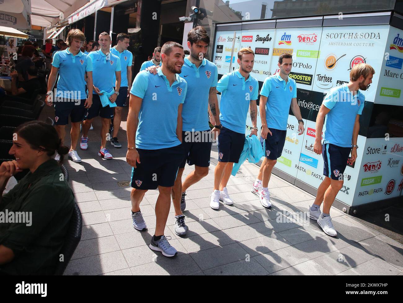 04.09.2016., Zagreb, Croatia - Players and staff of the Croatian national football team drank coffee at the Flower Square and stroll through the center of Zagreb on the surprise and excitement of the citizens. Tin Jedvaj, Mateo Kovacic, Mateo Kovacic, Vedran Corluka, Ivan Rakitic, Nikola Kalinic, Ivan Strinic.   Stock Photo