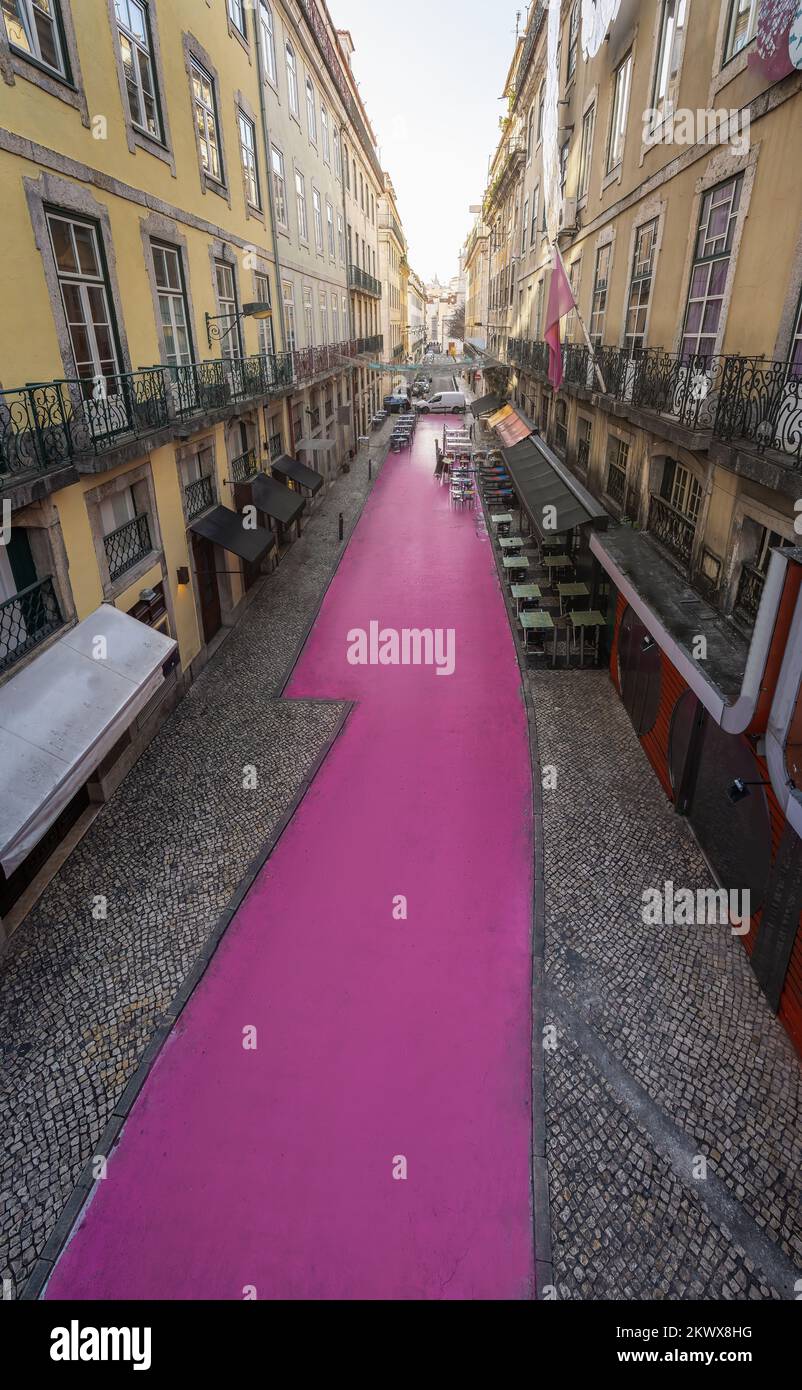 High angle view of Pink Street (Rua Cor de Rosa) at Cais do Sodre Lisbon, Portugal Stock Photo
