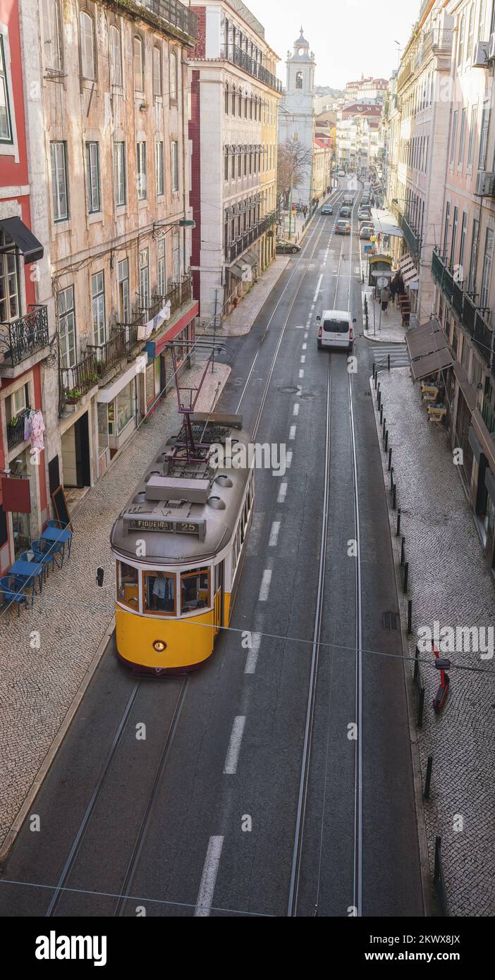 High angle view of a Yellow Tram - Lisbon, Portugal Stock Photo