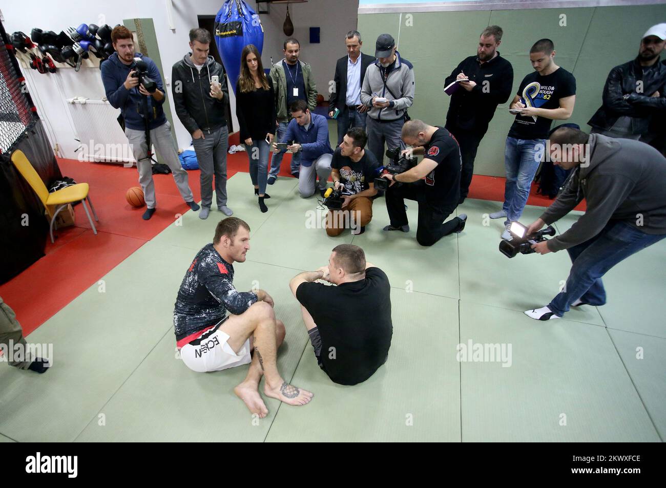 03.11.2016., Zagreb, Croatia - UFC heavyweight champion Stipe Miocic came to Croatia to celebrate his first title defense. Alongside with many interviews and Meet&Greet session with his fans, Stipe had practiced with Mirko Cro Cop Filipovic.   Stock Photo