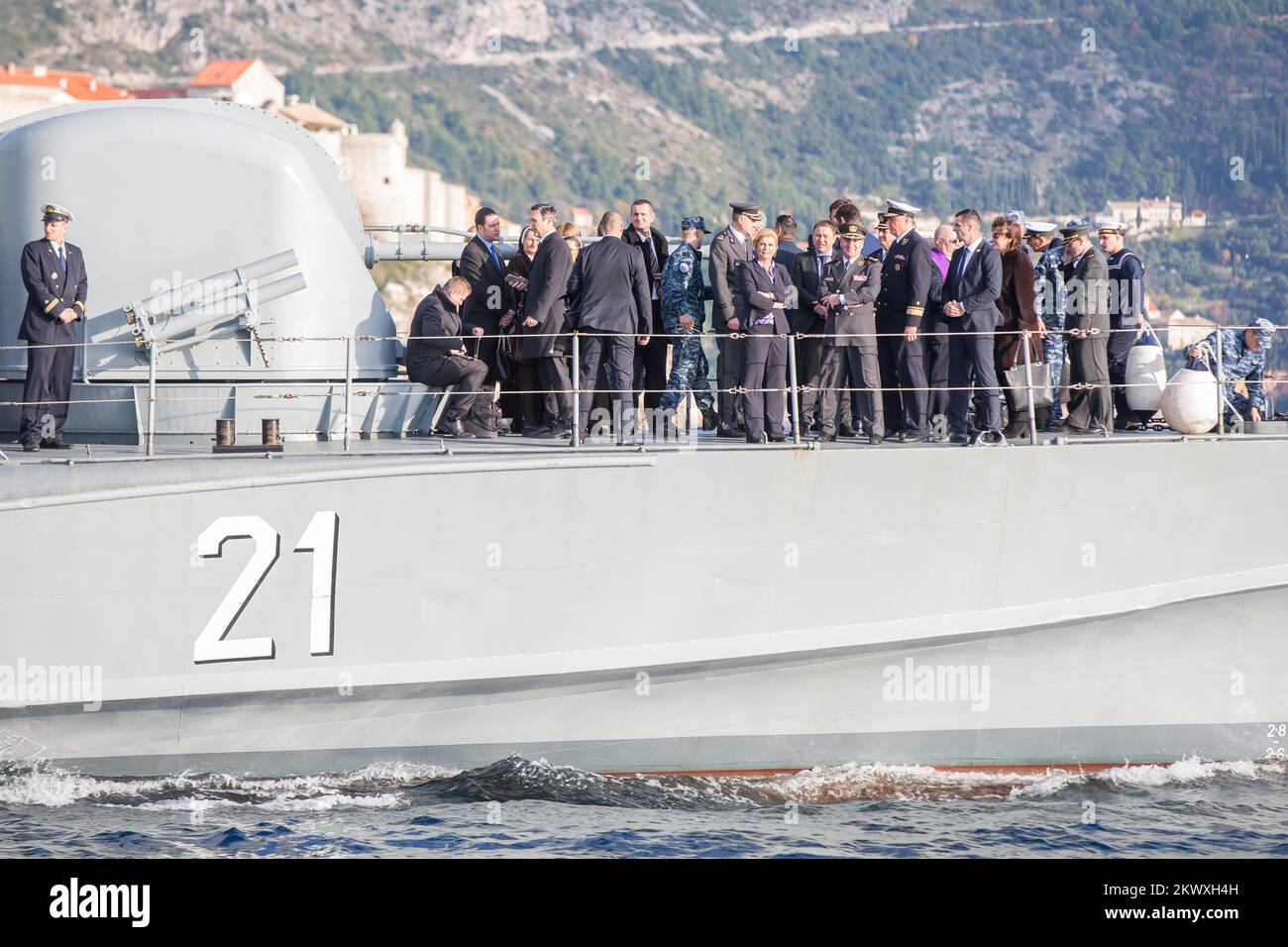 06.12.2016., Croatia, , Dubrovnik - On the occasion of the 25th anniversary of the defense of Dubrovnik during the Homeland War President of the Republic of Croatia Grabar Kitarovic Kollinda threw a wreath into the sea from missile boats Sibenik.  Photo: Grgo Jelavic/PIXSELL Stock Photo