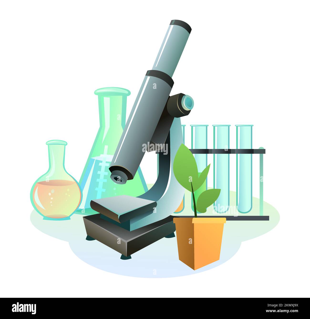 Objects Chemistry. Still life. Science items picture. Study of living cells of plants, animals and humans. Isolated on white background. Vector Stock Vector
