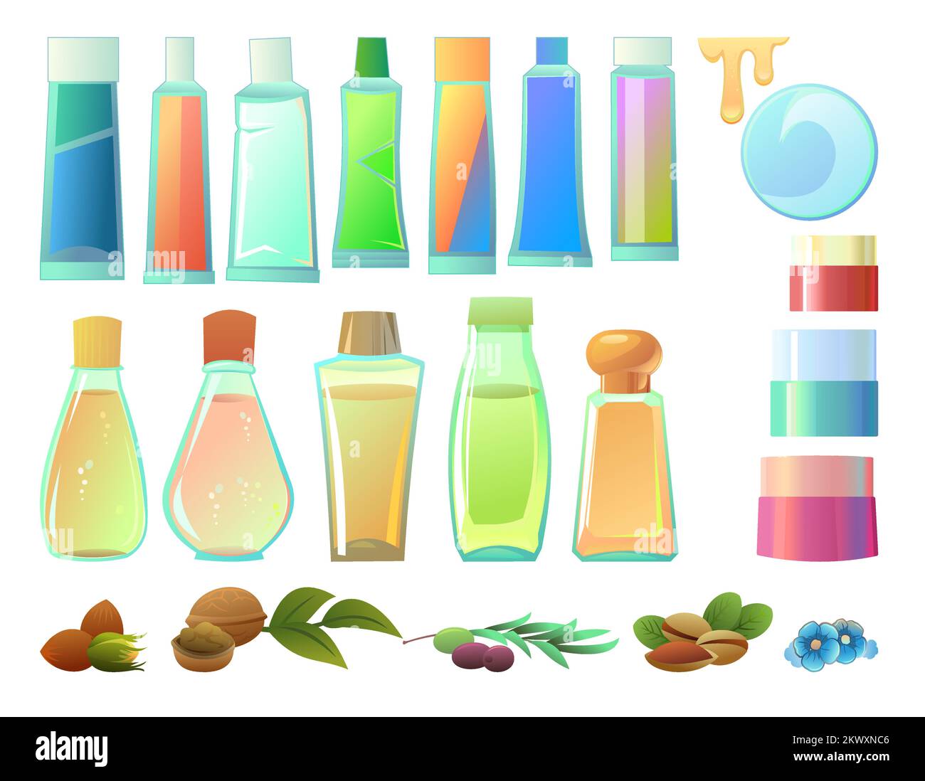 Set Cosmetics creams and natural oils objects. Liquids for skin and hair care. Tinctures and medicinal useful nutritional compositions of substances. Stock Vector