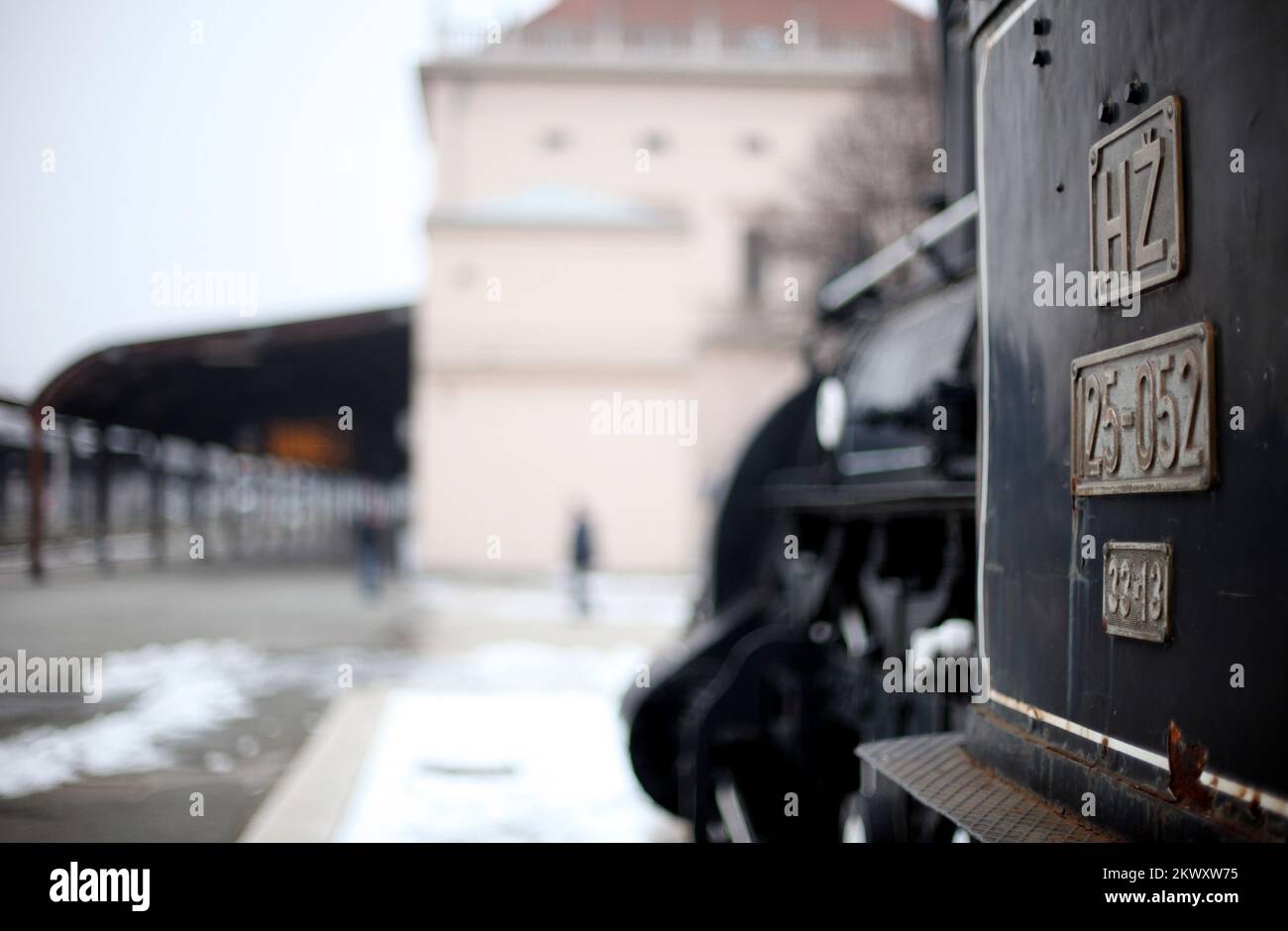 24.01.2017., Croatia, Zagreb - Black steam locomotive located on the small rails on the main railway station, otherwise a tourist attraction, is  in poor condition. Besides being dirty, unsightly with broken blinds, the interior is neglected and full of garbage, and some parts are rotted. Photo: Sanjin Strukic/PIXSELL Stock Photo