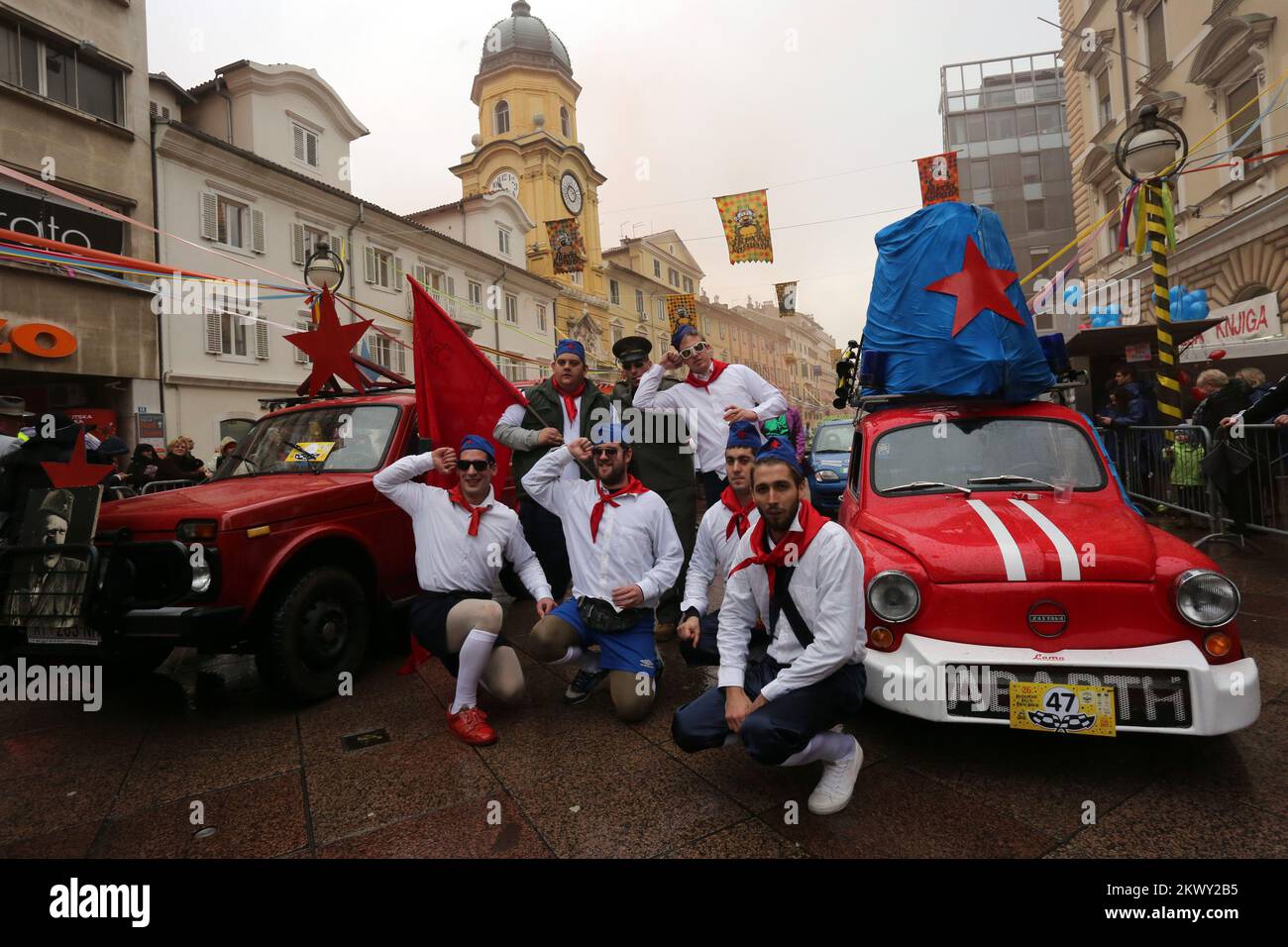 11.02.2017., Rijeka, Croatia - Masked Paris-Bakar Rally is a traditional event organised by the Rijeka Automobile Club. This rally is a parody of the world famous rally Paris-Dakar and has been a supporting sport event of the Rijeka Carnival since 1990. Masked Paris-Bakar Rally is a unique event of its kind in the world, with motorised participants from different regions, all of them - drivers, co-drivers and referees wearing masks, while their decorated vehicles tell a story of their own.  Photo: Goran Kovacic/PIXSELL Stock Photo