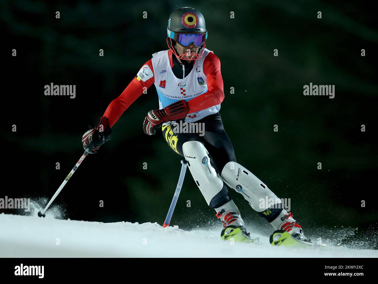 16.02.2017., Sljeme, Zagreb, Croatia - 2017  IPC Alpine Skiing Europa Cup.  Second slalom race of the European Cup in Alpine skiing for people with disabilities.  Remi Mazi, Belgium.   Stock Photo
