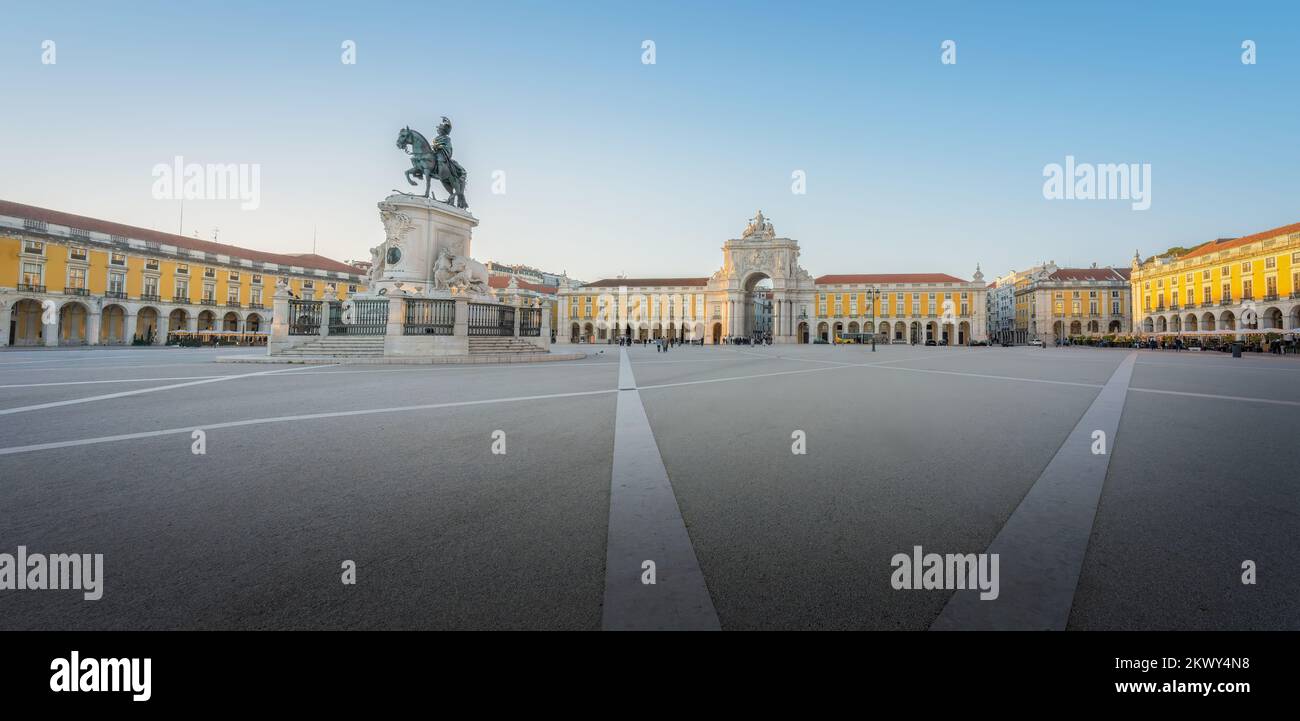 Panoramic view of Praca do Comercio Plaza with King Dom Jose I Statue and Rua Augusta Arch - Lisbon, Portugal Stock Photo