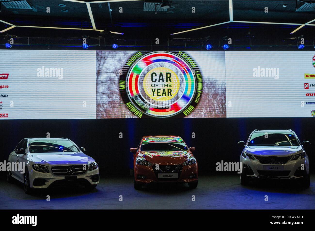 06.03.2017, Geneva, Switzerland - Mercedes E-Class, Nissan Micra and Peugeot 3008 on stage at the Car of the year 2017 award ceremony. Photo: Saso Domijan/HaloPix/PIXSELL  Stock Photo