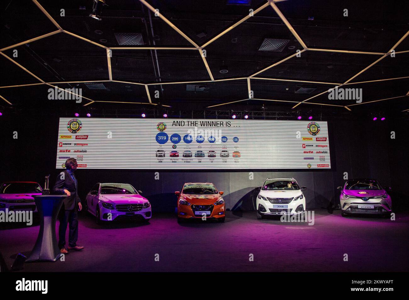 06.03.2017, Geneva, Switzerland - From left to right Citroen C3, Mercedes E-Class, Nissan Micra, Peugeot 3008 and Toyota C-HR on stage at the Car of the year 2017 award ceremony. Photo: Saso Domijan/HaloPix/PIXSELL  Stock Photo