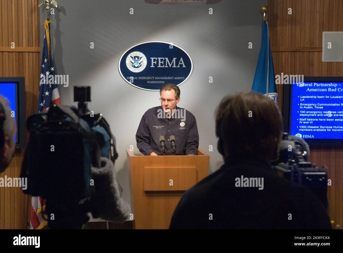 Paulison briefs the press on Hurricane Dean.. Photographs Relating to Disasters and Emergency Management Programs, Activities, and Officials Stock Photo