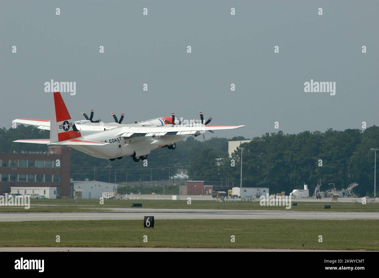 Marietta, GA, August 16, 2007   A U.S. Coast Guard C130J cargo plane containing the FEMA Federal Incident Response Support Team (FIRSTeam) takes off for Puerto Rico to respond to impacts from Hurricane Dean. The FIRSTeam leads FEMA's initial response to disasters. Mark Wolfe/FEMA.. Photographs Relating to Disasters and Emergency Management Programs, Activities, and Officials Stock Photo