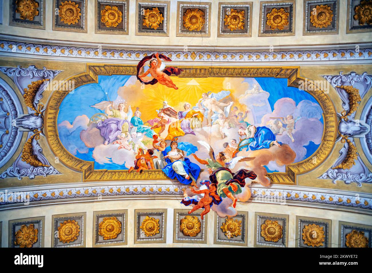 Ceiling painting of the Vienna National Library of the Prunksaal library or Austrian National Library, Austria, Vienna.   The large painting located i Stock Photo