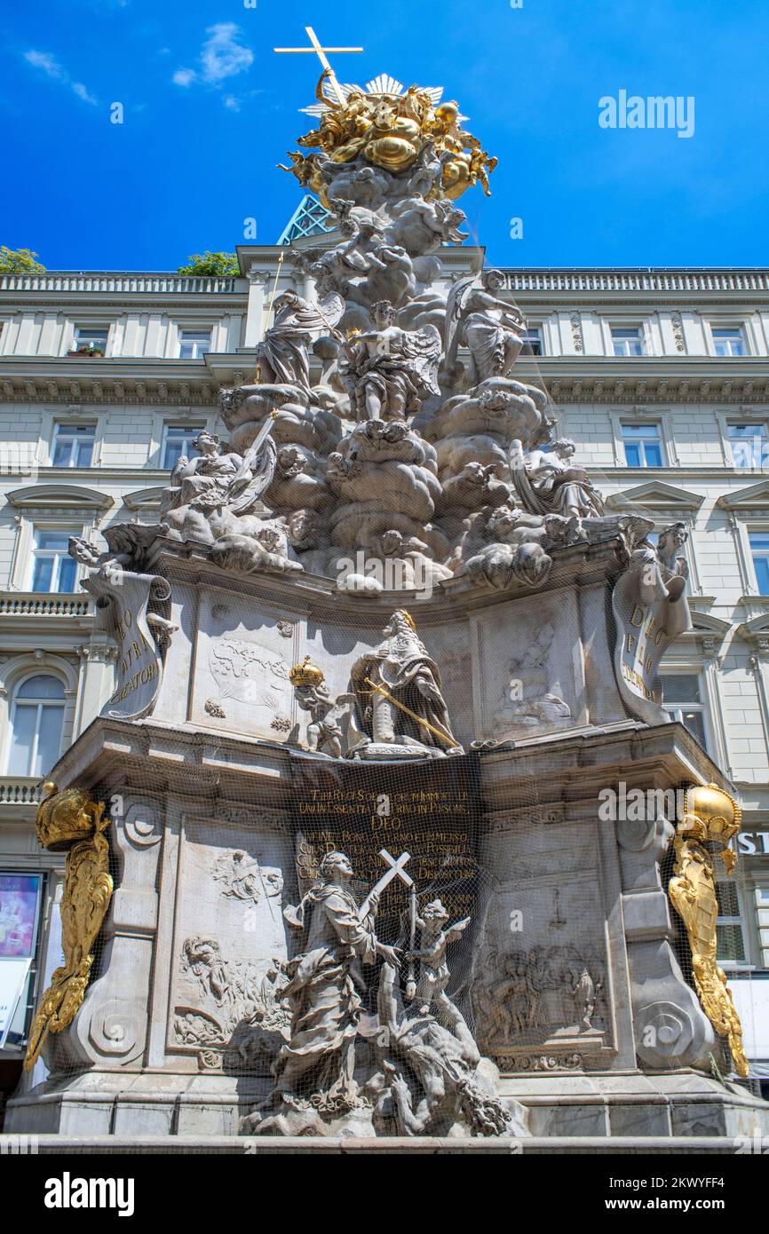 Detail of the Pestsäule (German for plague column), located on Graben, a street in the inner city of Vienna.  The Plague Column (German: die Wiener Pe Stock Photo