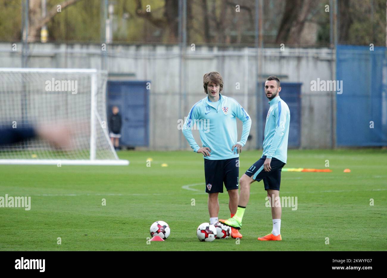 21.3.2017., Croatia, Zagreb - Croatian national football team training before the qualifying matches for the World Cup in Russia with Ukraine. Football players at training wore different socks, to mark the Day of people suffering with Down syndrome. Tin Jedvaj. Photo: Petar Glebov/PIXSELL Stock Photo