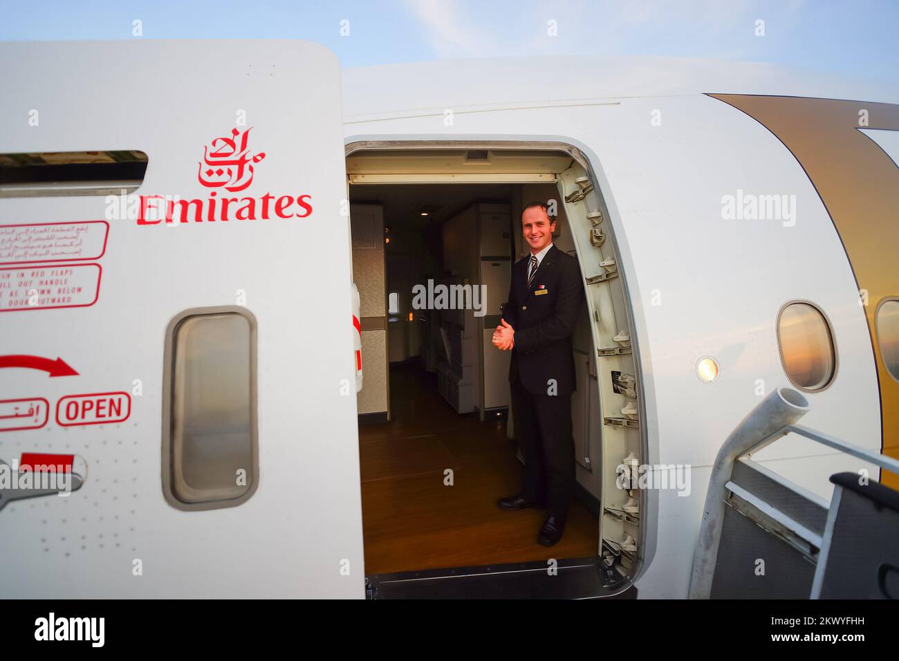 DUBAI, UAE MARCH 31, 2015 Emirates crew member of Boeing777