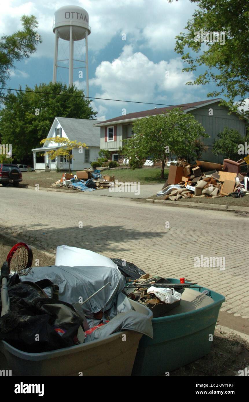 Severe Storms, Flooding, and Tornadoes,  Ottawa, Ohio, August 27, 2007   Debris litter a street in the aftermath of the recent floods in North Central Ohio. The recent floods of the Blanchard River damaged several towns along its banks. Mike Moore/FEMA.. Photographs Relating to Disasters and Emergency Management Programs, Activities, and Officials Stock Photo