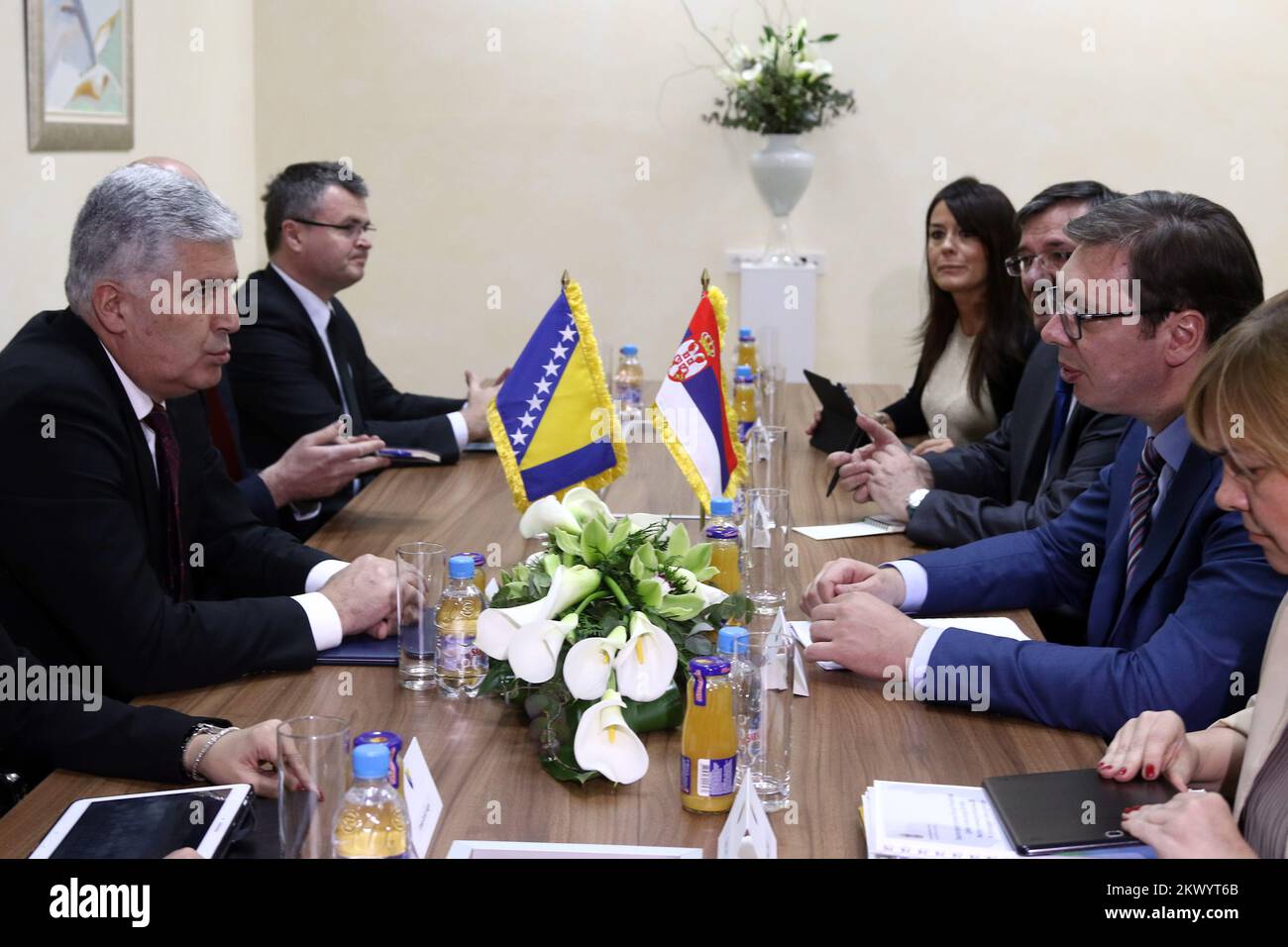 03.04.2017., Mostar, Croatia - Croatian member of the Presidency of BiH, Dragan Covic of Mostar received the newly elected president of Serbia Aleksandar Vucic before opening of International Day of the economy. Photo: Armin Durgut/HaloPix/Pixsell  Stock Photo