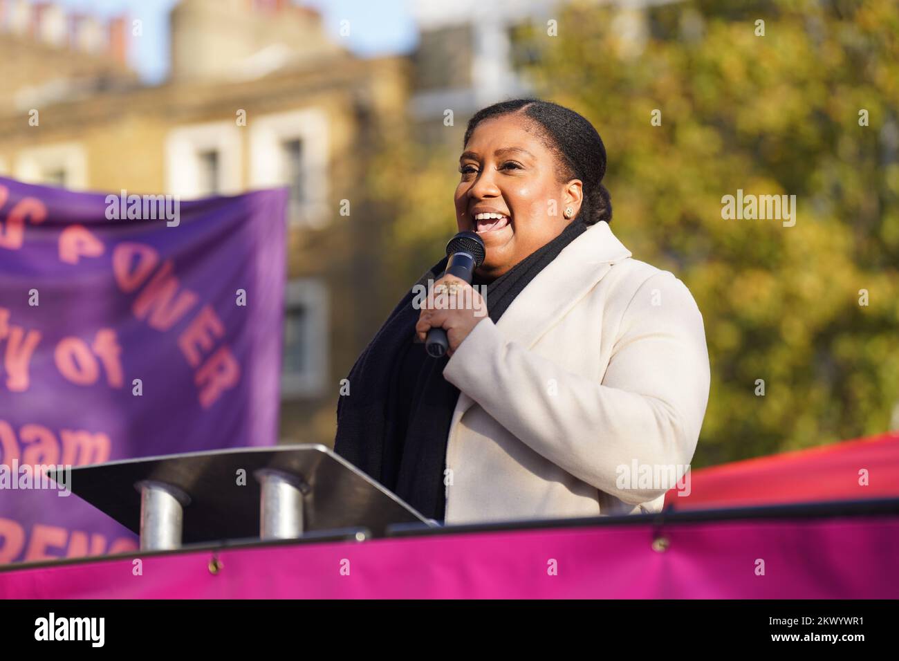 Labour MP for Stretham Bell Ribeiro-Addy speaks at a rally outside Kings Cross Station, London, as members of the University and College Union (UCU) take part 24-hour stoppage among university staff in an ongoing dispute over pay, pensions and conditions. Picture date: Wednesday November 30, 2022. Stock Photo
