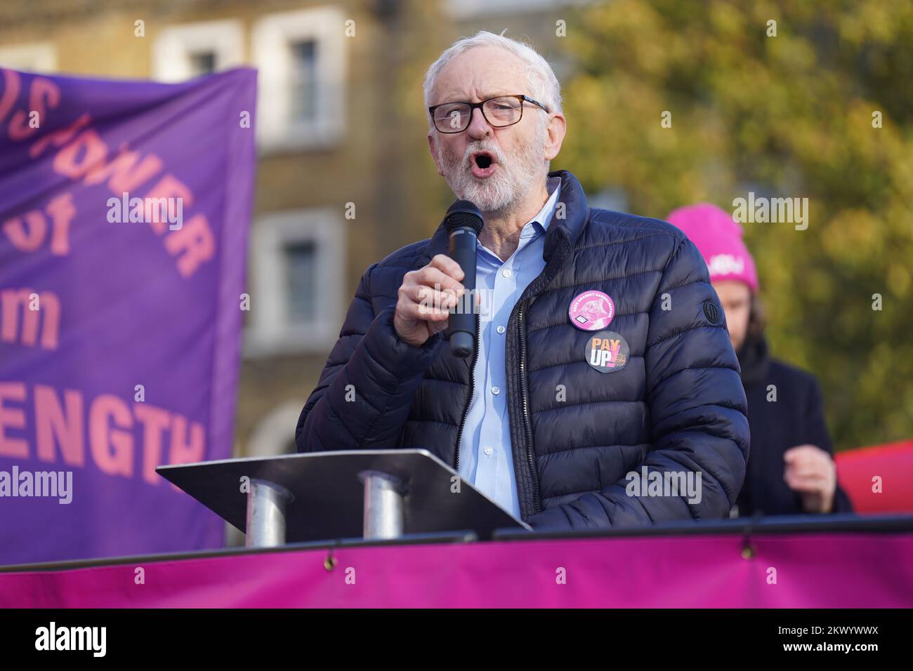 Jeremy Corbyn speaks at a rally outside Kings Cross Station, London, as members of the University and College Union (UCU) take part 24-hour stoppage among university staff in an ongoing dispute over pay, pensions and conditions. Picture date: Wednesday November 30, 2022. Stock Photo