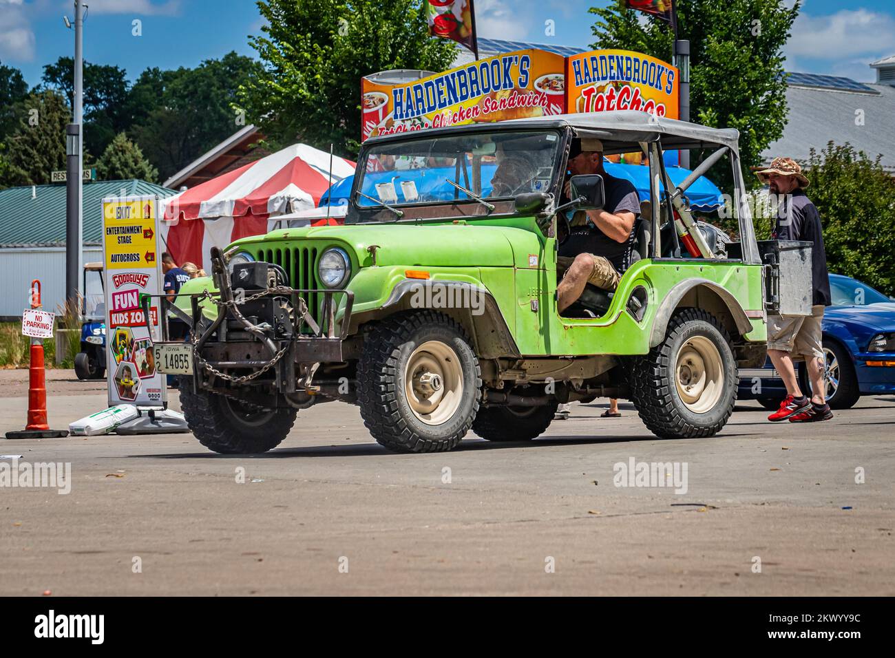 Des Moines, IA - July 03, 2022: Wide angle front corner view of a 1971 Jeep CJ5 Dauntless V6 at a local car show. Stock Photo