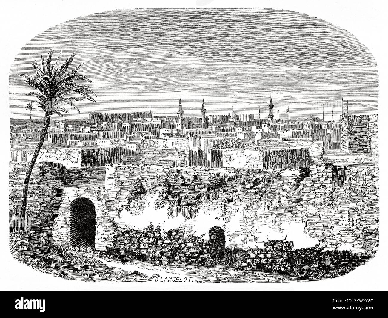 Panoramic general view of the ancient city of Tripoli in 1850, Libya. North Africa Stock Photo