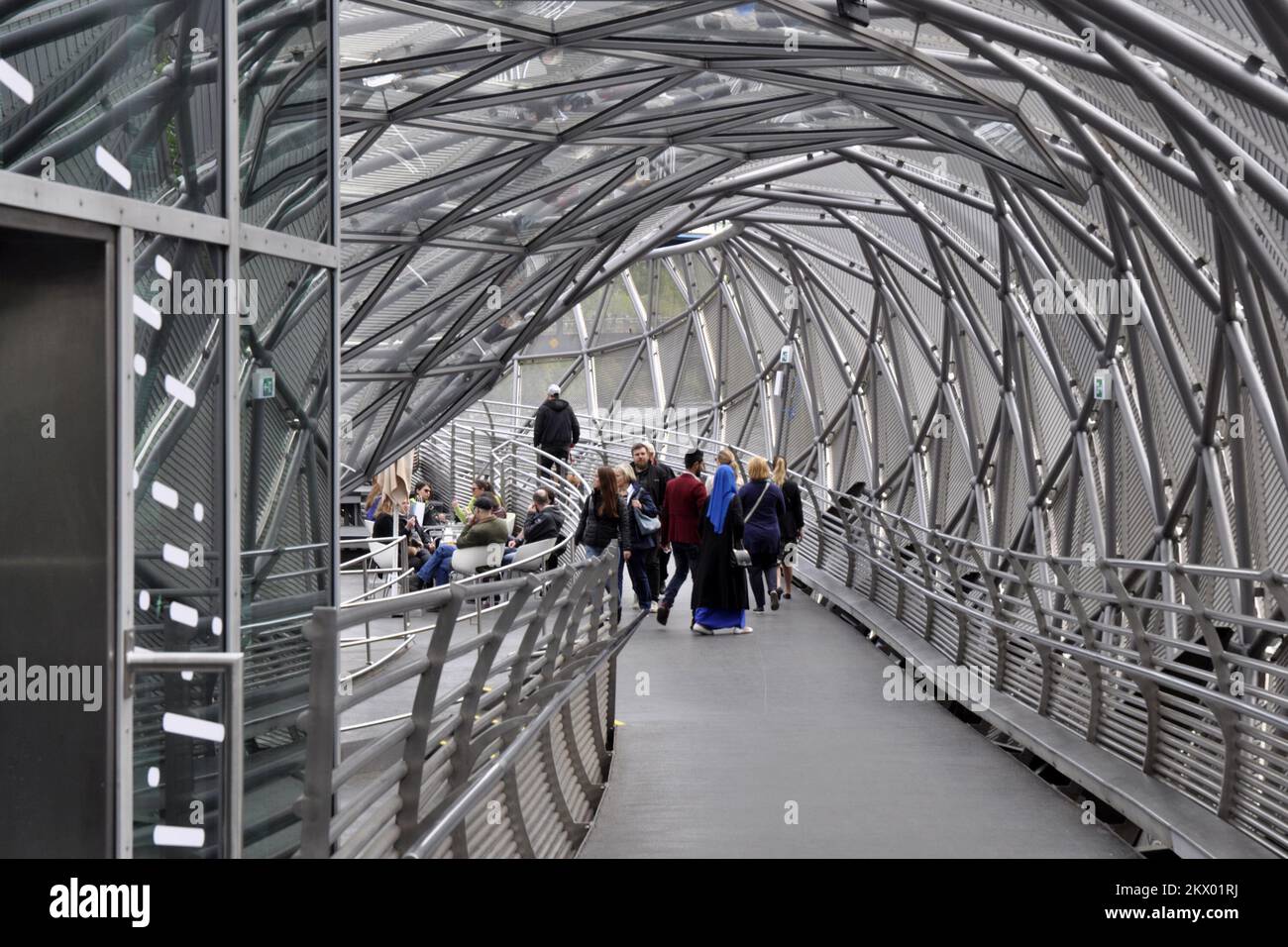 17.04.2017., Graz, Austrija - Murinsel, Unique artificial island with a cafe, interior design showroom & amphitheater in modern surrounds. Murisel is actually not an island at all, but an artificial floating platform in the middle of the Mur river. Photo: Goran Novotny/HaloPix/PIXSELL Stock Photo