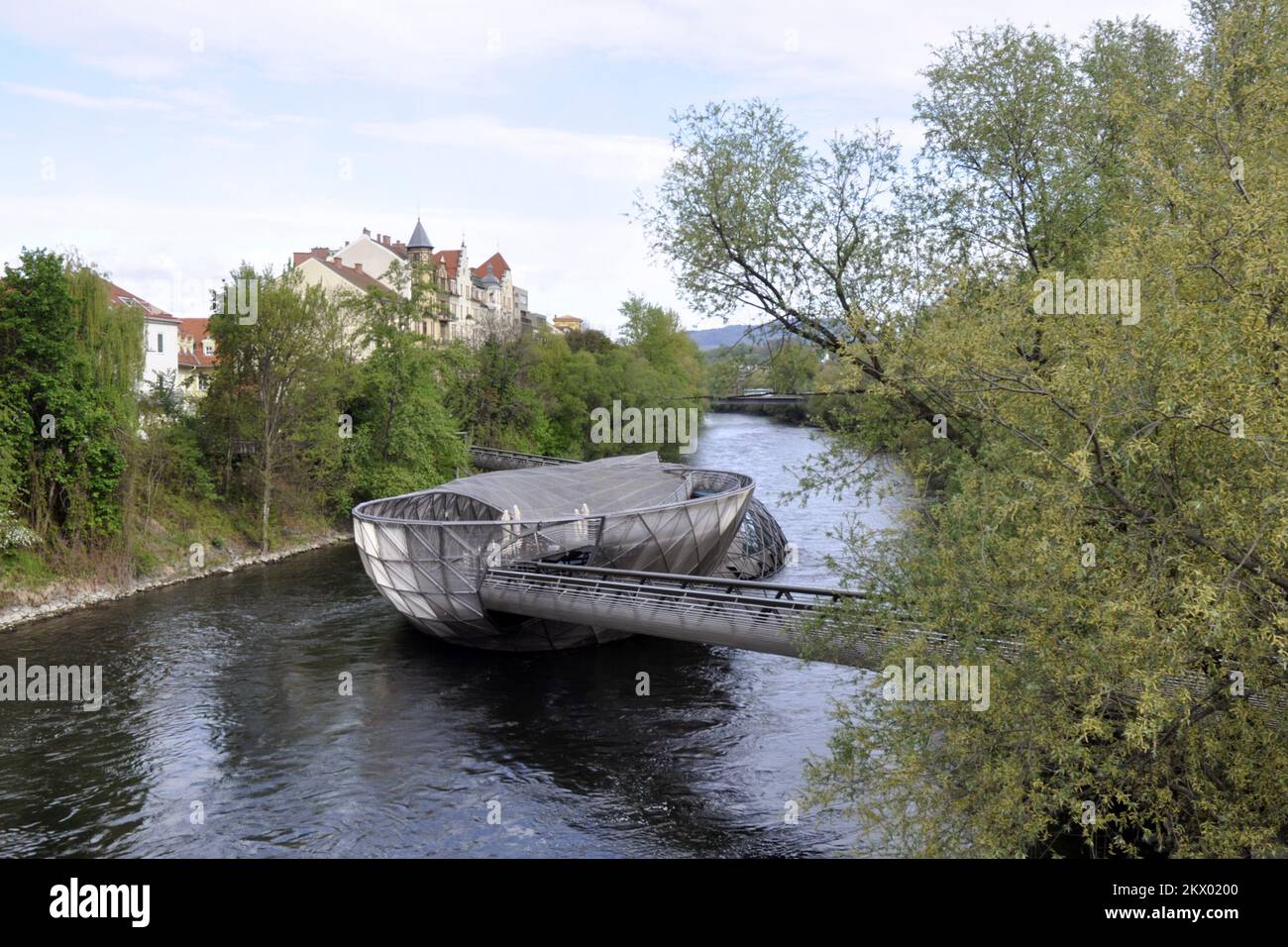 17.04.2017., Graz, Austrija - Murinsel, Unique artificial island with a cafe, interior design showroom & amphitheater in modern surrounds. Murisel is actually not an island at all, but an artificial floating platform in the middle of the Mur river. Photo: Goran Novotny/HaloPix/PIXSELL Stock Photo