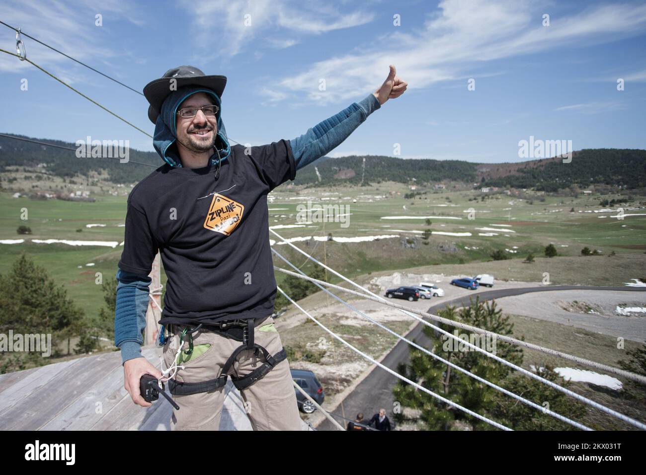 22.04.2017., Croatia, Rudopolje - Zip line - Watch out for the bear is 1700 meters long and it achieves speeds up to 110 km / h. The flight itself lasts for about 2 minutes and flies above the beautiful canyons characteristic of Lika. Zip line - Watch out for the bear is one of the longest and fastest Zip lines in Europe and he is just the first of the three Zip lines that My Rudopolje Association plans to do in conjunction with Vrhovine, the project holder of Zip line - Pazi medo. The construction started with the idea of keeping local people in Lika, encouraging employment and keeping touris Stock Photo