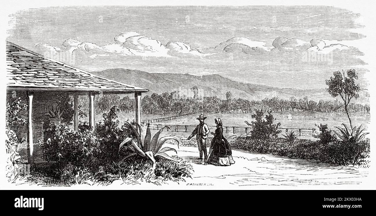 Old view of Dalry station, Australian states of Victoria, Australia. Souvenir of a French squatter in Australia by H. de Castella 1854-1856 Stock Photo