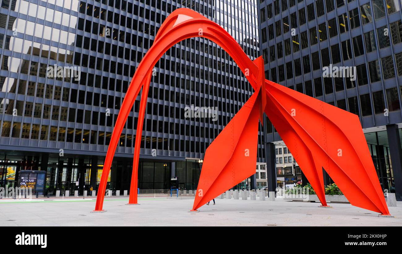 Flamingo is a sculpture in the Federal Plaza in front of the Kluczynski