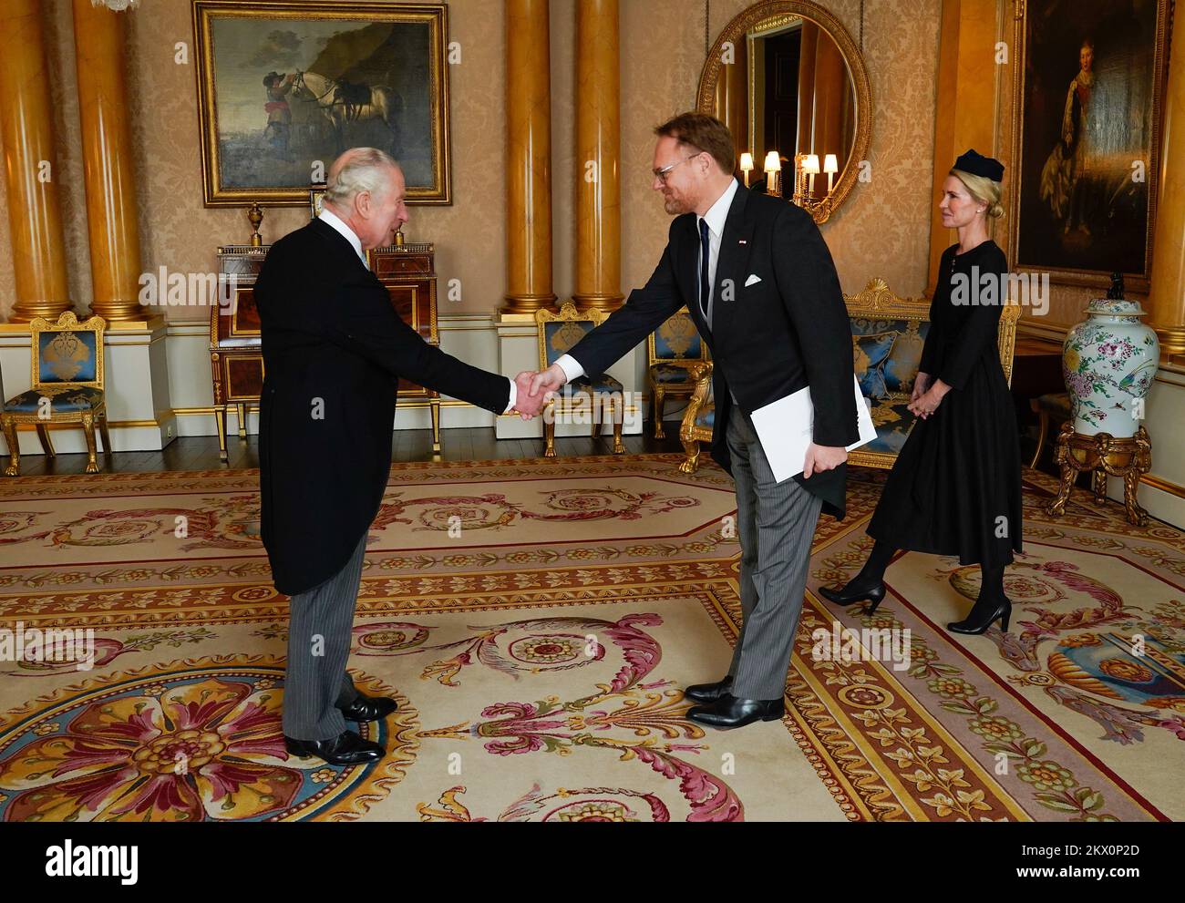 King Charles III receives Rene Dinesen, Ambassador to the UK from the Kingdom of Denmark to the Court of St James's, as he presents his Letters of Recall of his predecessor and his own letters of Credence during an audience at Buckingham Palace, London. Picture date: Wednesday November 30, 2022. Stock Photo