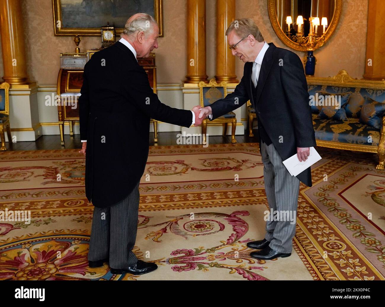King Charles III receives Georges Friden, Ambassador to the UK from the Grand Duchy of Luxembourg to the Court of St James's, as he presents his Letters of Recall of his predecessor and his own letters of Credence during an audience at Buckingham Palace, London. Picture date: Wednesday November 30, 2022. Stock Photo