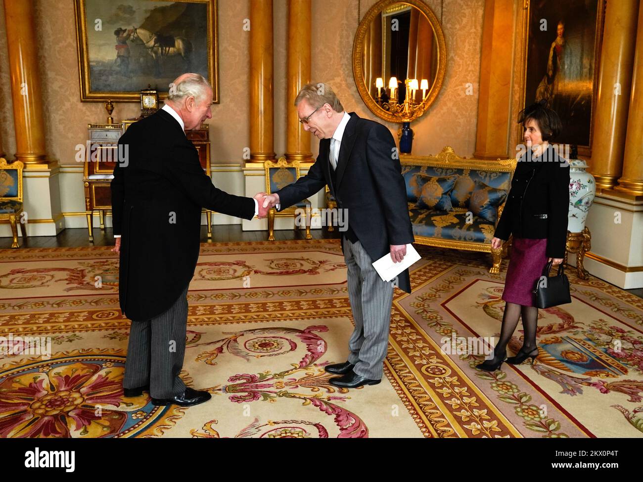 King Charles III receives Georges Friden (centre), Ambassador to the UK from the Grand Duchy of Luxembourg to the Court of St James's, as he presents his Letters of Recall of his predecessor and his own letters of Credence during an audience at Buckingham Palace, London. Picture date: Wednesday November 30, 2022. Stock Photo