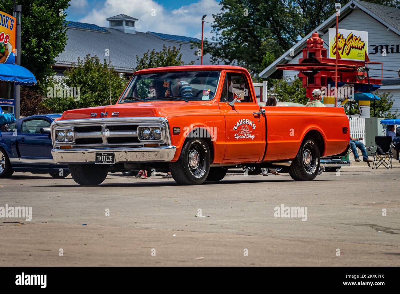 Des Moines, IA - July 03, 2022: Wide angle front corner view of a 1970 GMC C1500 Series Pickup Truck at a local car show. Stock Photo
