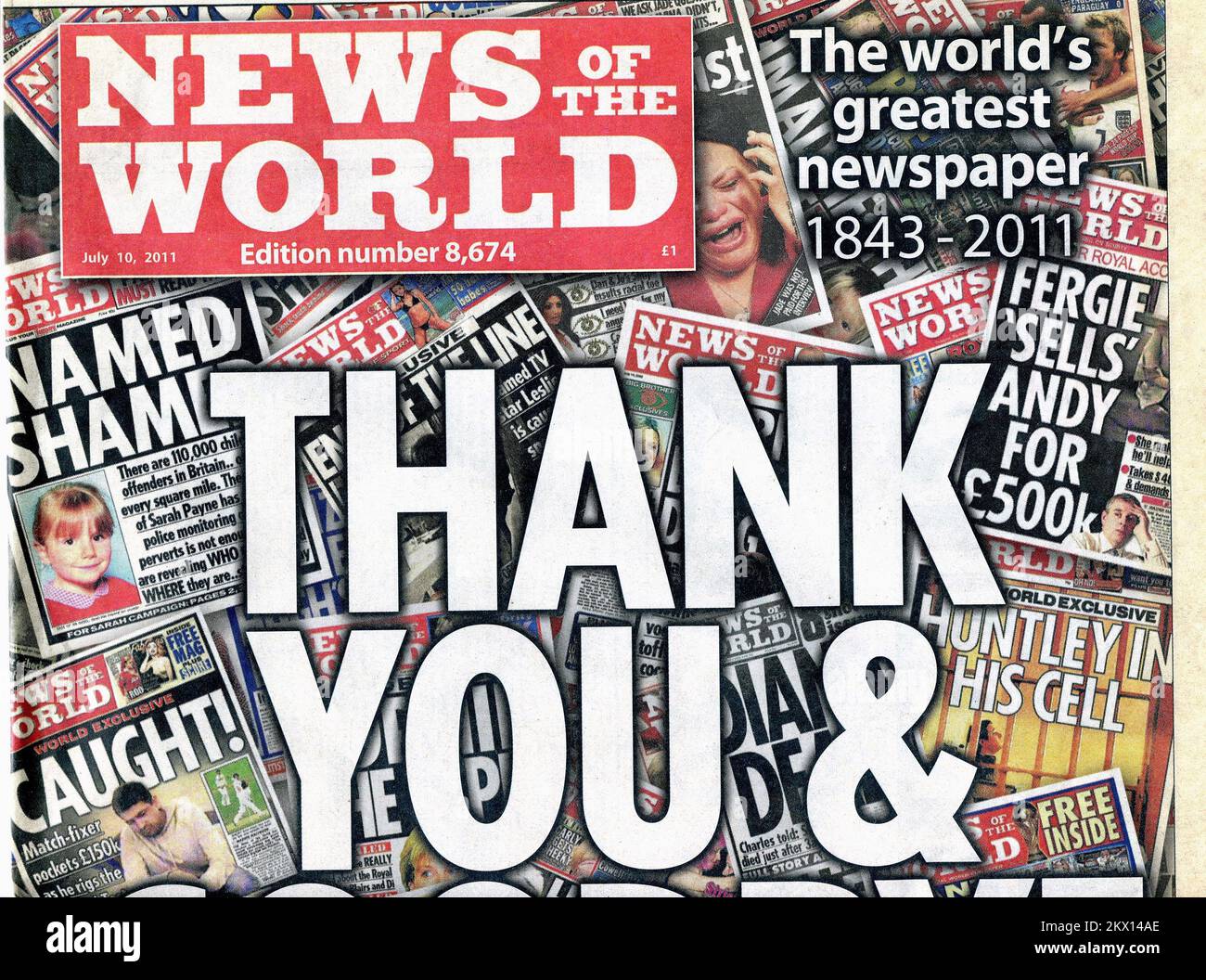 The final issue of British national Sunday newspaper the News Of The World which was published on July 10, 2011. The paper was first published in October 1843. Stock Photo