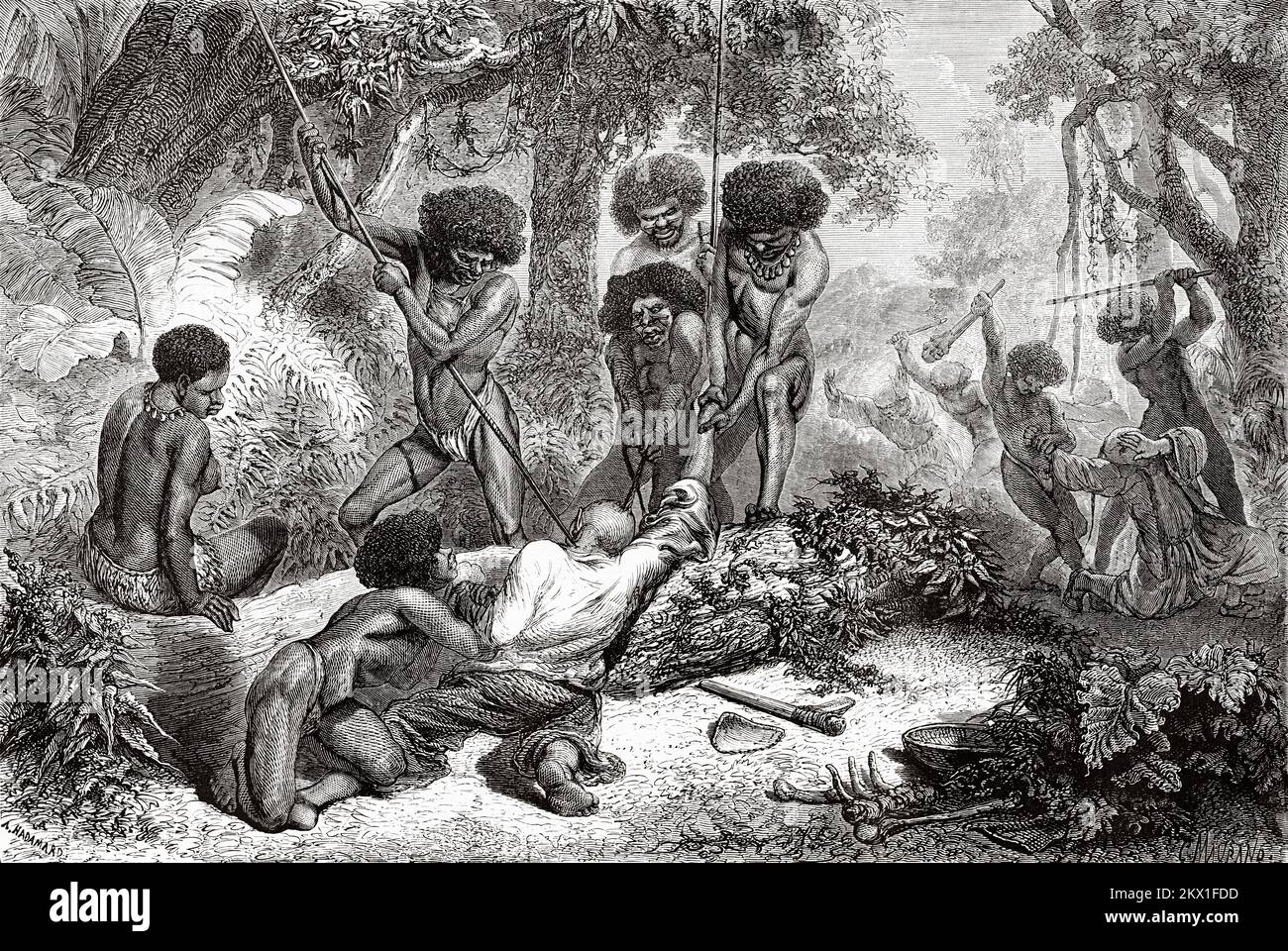 Crew member of the ship Saint-Paul being speared by natives , Papua New Guinea. Shipwreck and scenes of anthropophagy on the Rossel Island in the Louisiade Archipelago, Melanesia. History of V de Rochas 1858 Stock Photo