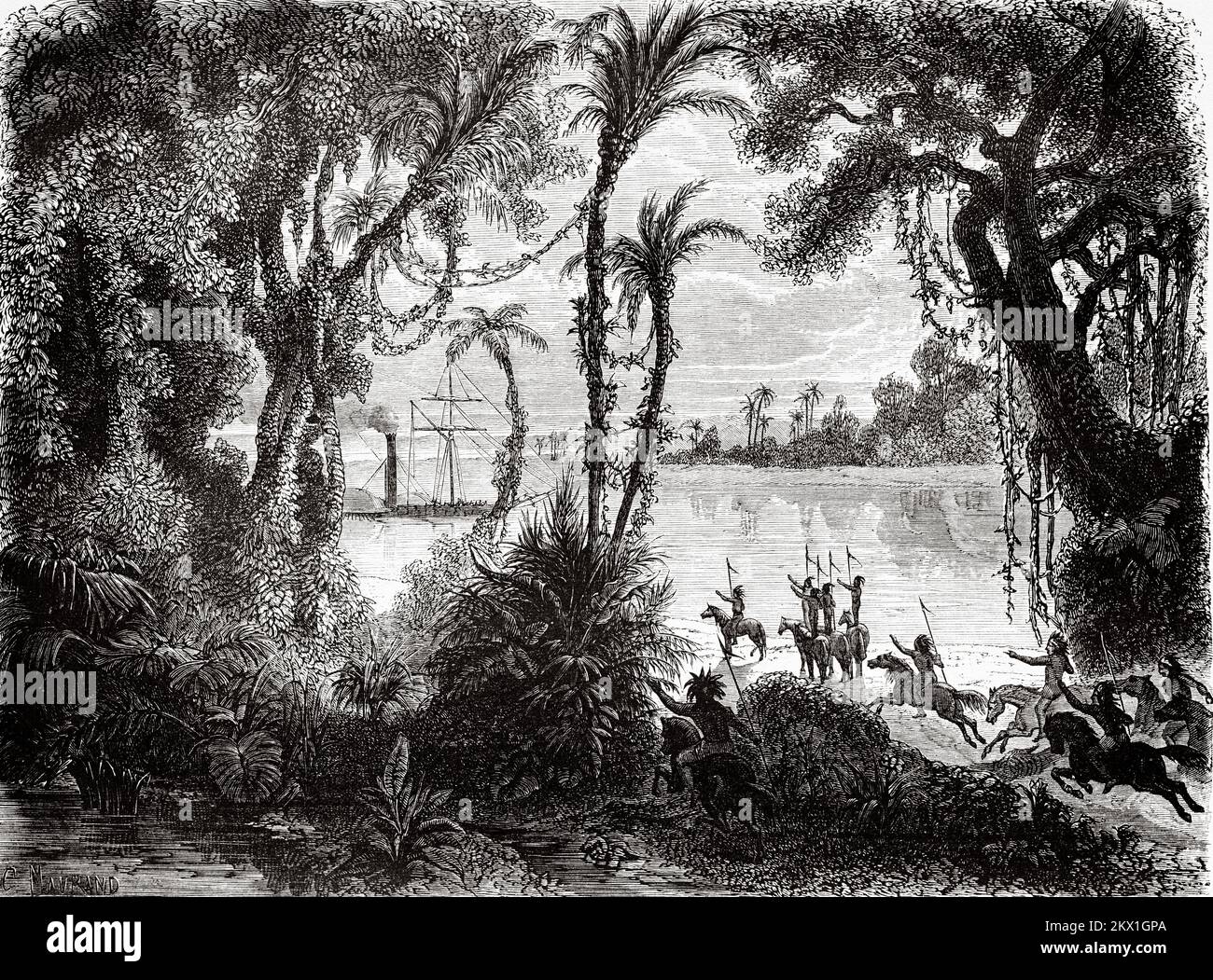 Native Indians of the Gran Chaco sighting a steamboat on the river, South America. Journey in Paraguay 1844-1847 by Alfred Demersay Stock Photo