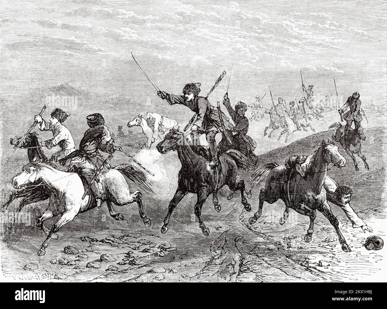 Dgighitovka. Cossack Charge, Russia. Journey from Tiflis in Stavropol to the Dariali Gorge, 1858 by Blanchard Stock Photo