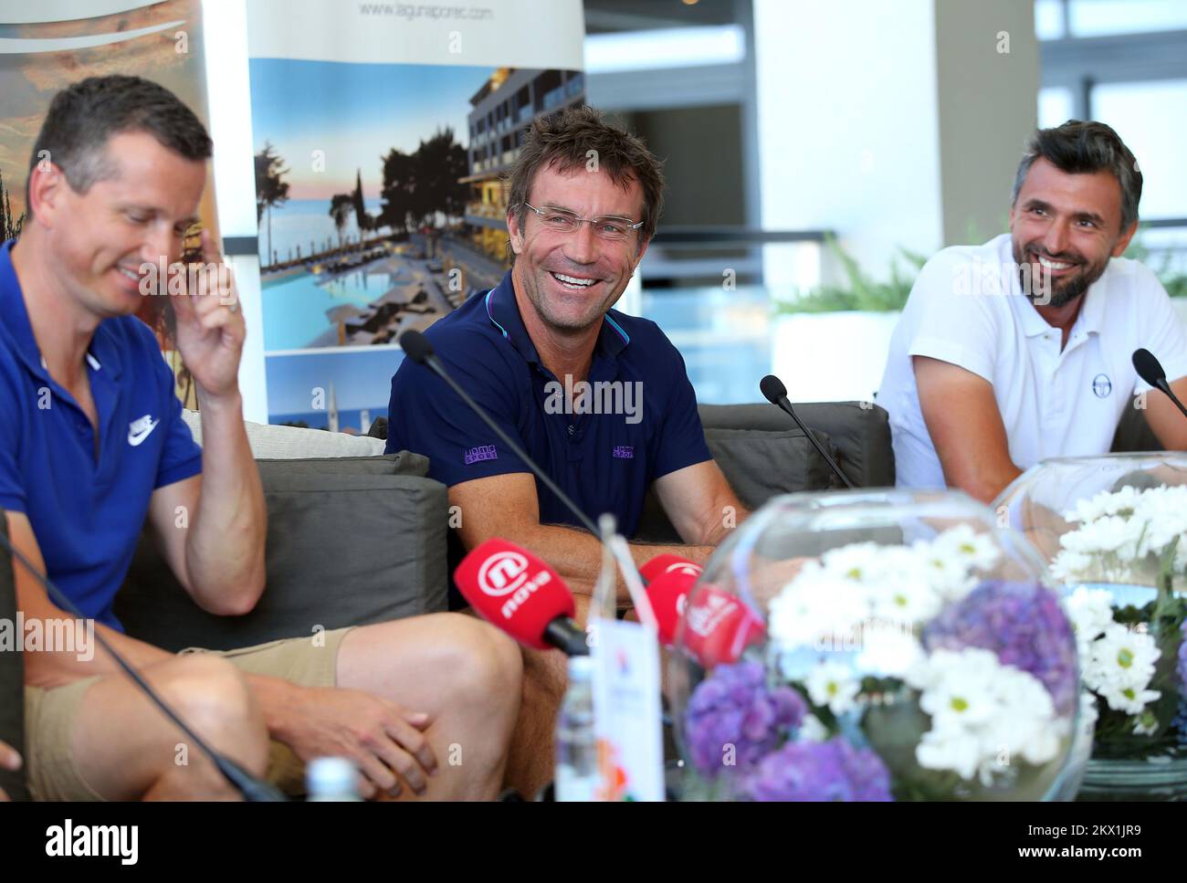 19.07.2017., Croatia, Porec - 28th Blue Lagoon Croatia Open Umag Tennis Tournament. The press conference at which the tournament director Lorenz Frankopan and president of the organizing committee of the tournament Ronald Korotaj announced the exhibition match between tennis legend Goran Ivanisevic, Pat Cash and Richard Krajicek. Photo: Jurica Galoic/PIXSELL Stock Photo