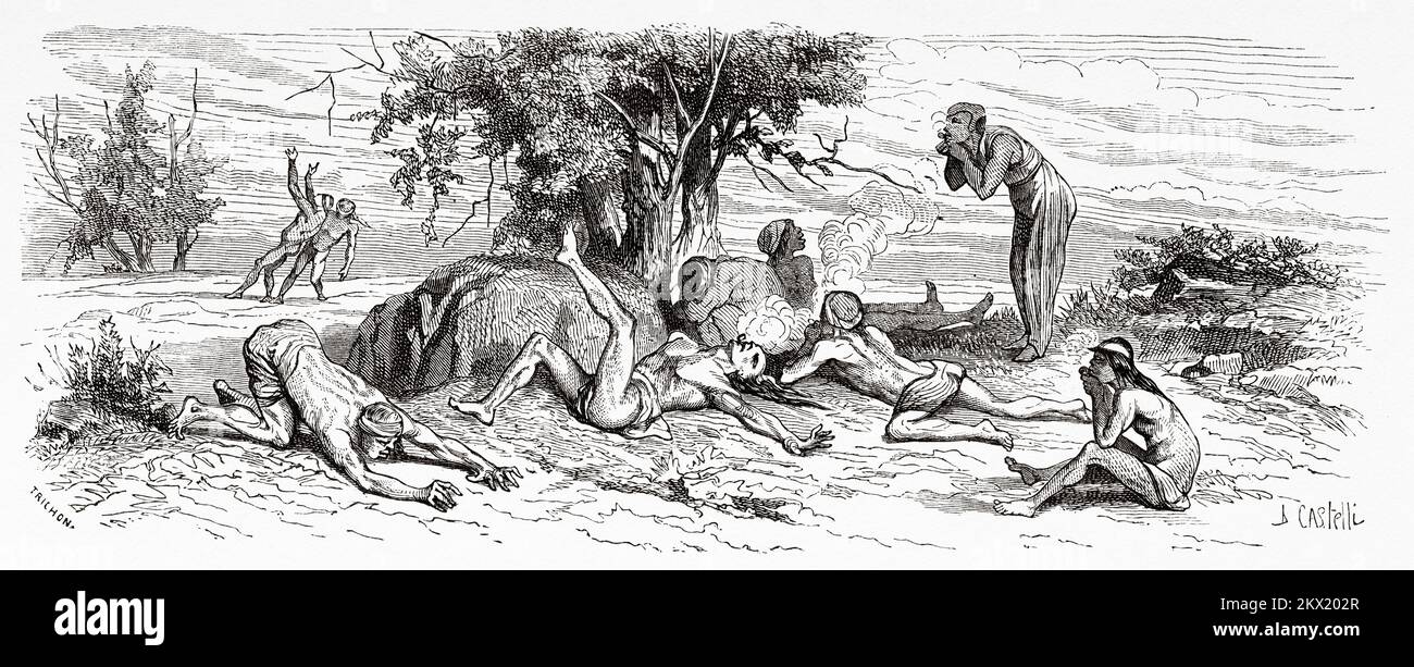 Patagonian natives intoxicated by alchool and tobacco. Argentina, South America. Three years of captivity among the Patagonians by Auguste Guinnard 1856 Stock Photo