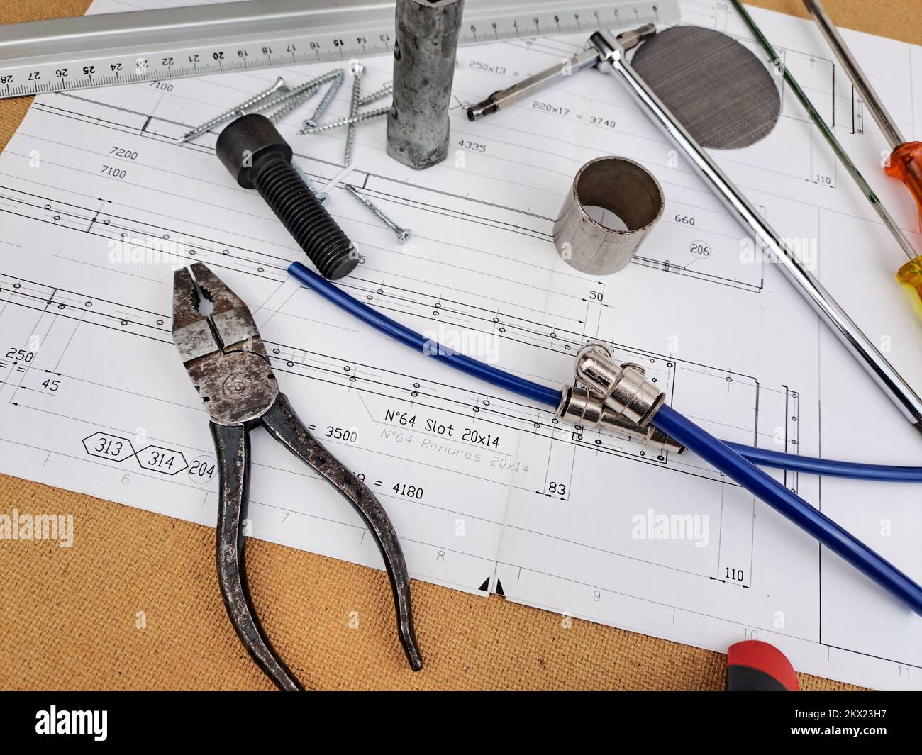 Close-Up Artistic View of Tools in Industrial Setting. No people are visible. Stock Photo