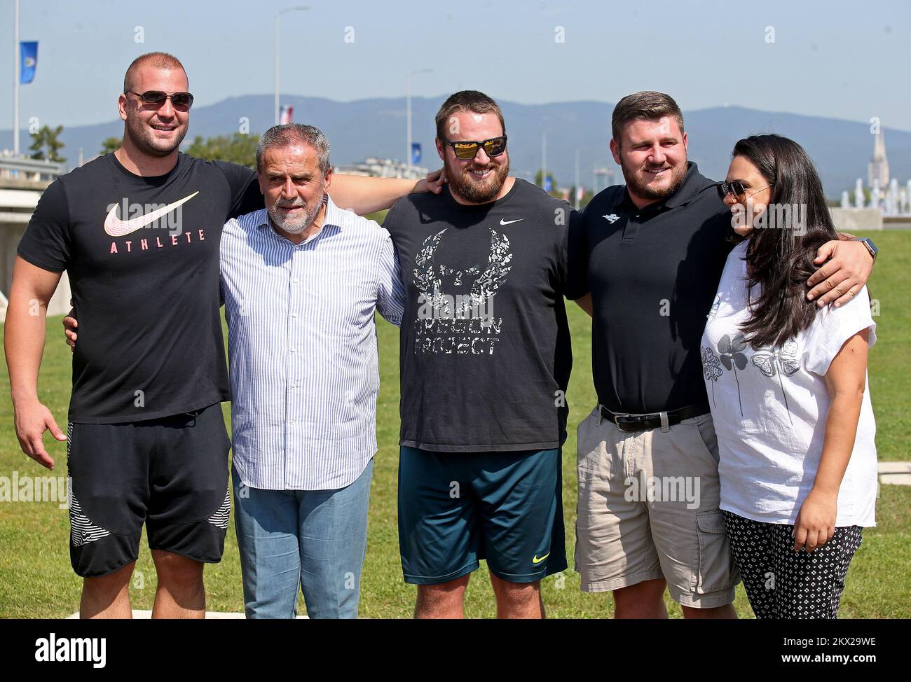 27.08.2017, Zagreb, Croatia - A press conference one day before The IAAF World Challenge Zagreb 2017. Shot put will take place at the City Fountains Park in Zagreb, on 28th Aug. 2017. Stipe Zunic, Milan Bandic, Tomas Walsh, Joe Kovacs, Ivana Brkljacic. Photo: Igor Kralj/PIXSELL Stock Photo
