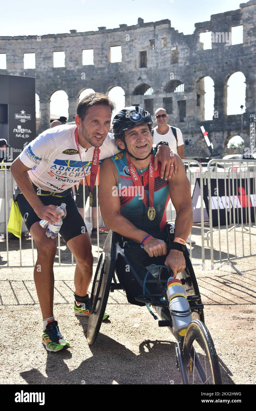 17.09.2017., Pula, Croatia - More than 1400 athletes from 53 countries around the world participate in the International Triathlon Race Ironman 70.03. Due to strong waves and sea currents caused by a strong wind in the west, swimming disciplines have been canceled. Former Formula 1 and Indi Car driver Alex Zanardi. Photo: Dusko Marusic/PIXSELL Stock Photo