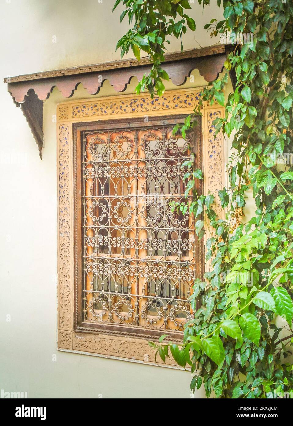 Ornamental wooden shutters in Marrakech, Morocco Stock Photo