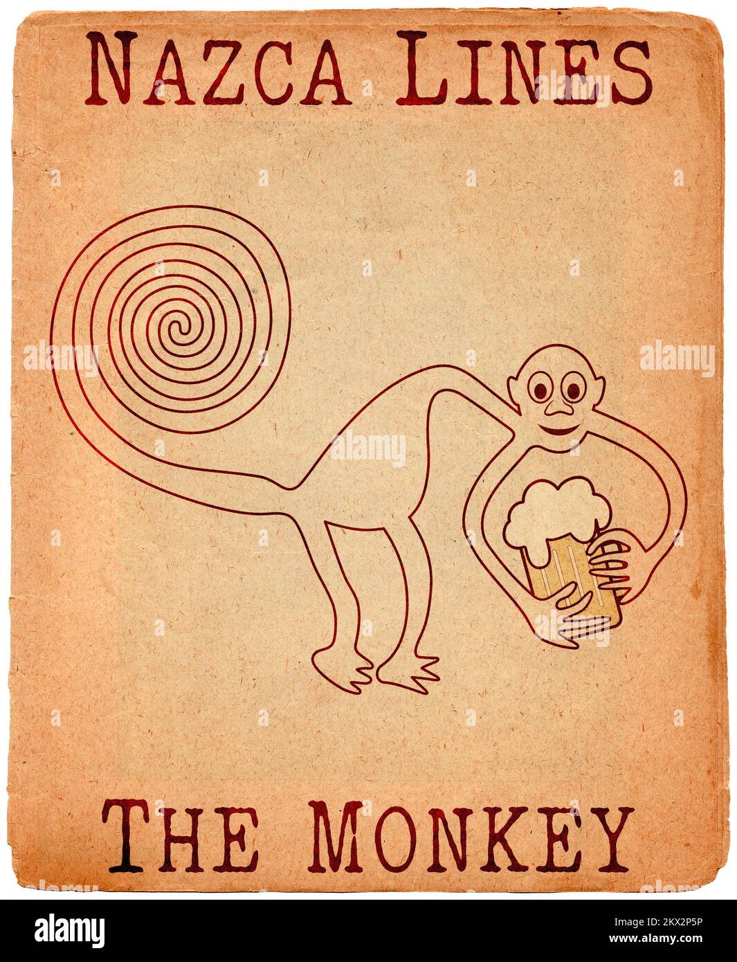 Monkey with beer and beer belly - paraphrase of the famous geoglyph of the Monkey from Nazca Stock Photo
