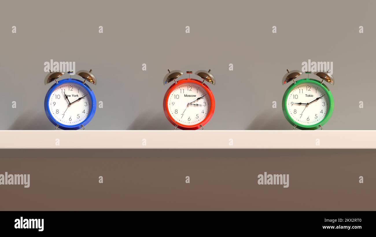 3D render three multicolored alarm clocks stand on a shelf. The