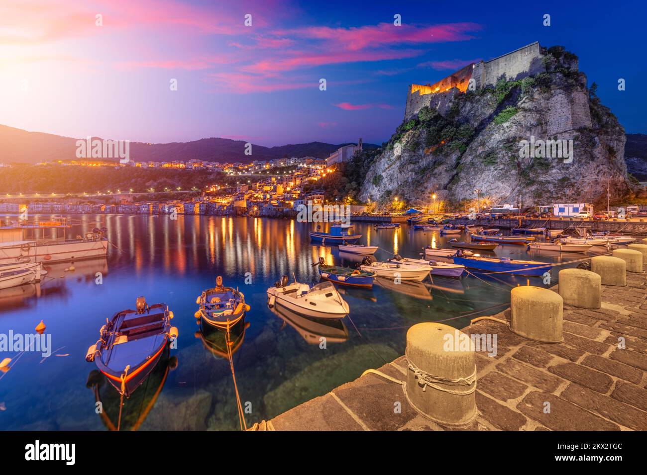Scilla, Italy cityscape in Reggio Calabria in the port at dawn. Stock Photo