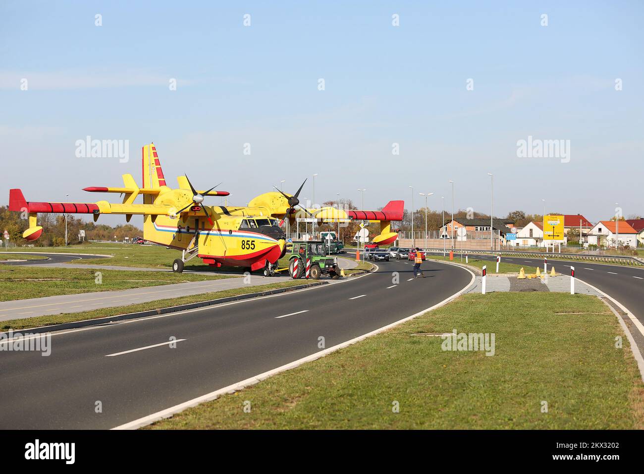 20.10.2017., Velika Gorica, Croatia - Transport of Canadair CL-415 via Velikogoricka street that was temporary closed towards the Aircraft Technology Center. Photo: Borna Filic/PIXSELL  Stock Photo