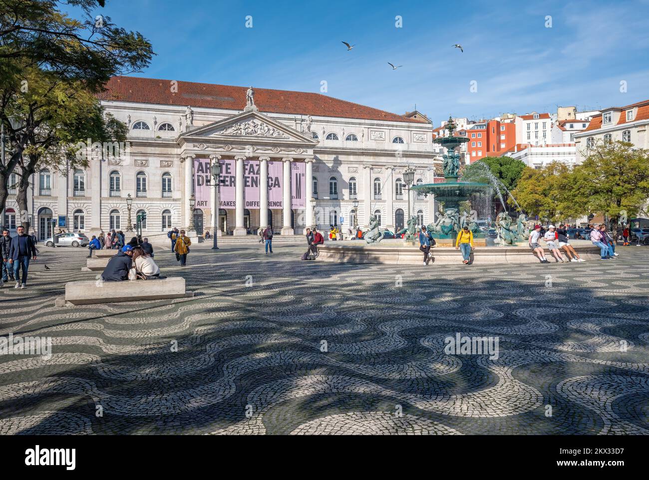 D. Maria II National Theatre at Rossio Square (Praca Dom Pedro IV) - Lisbon, Portugal Stock Photo