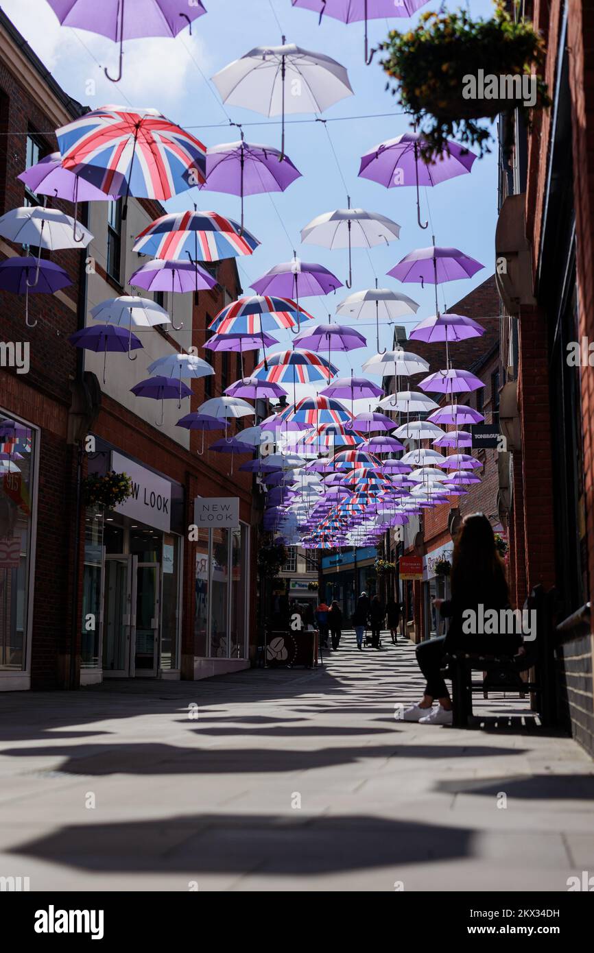 Durham UK 7th June 2022 Durham's Umbrella Street Union Jack Flag